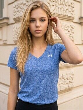 Under Armour UA Tech Twist Women's Small Blue V Neck Running Workout T Shirt